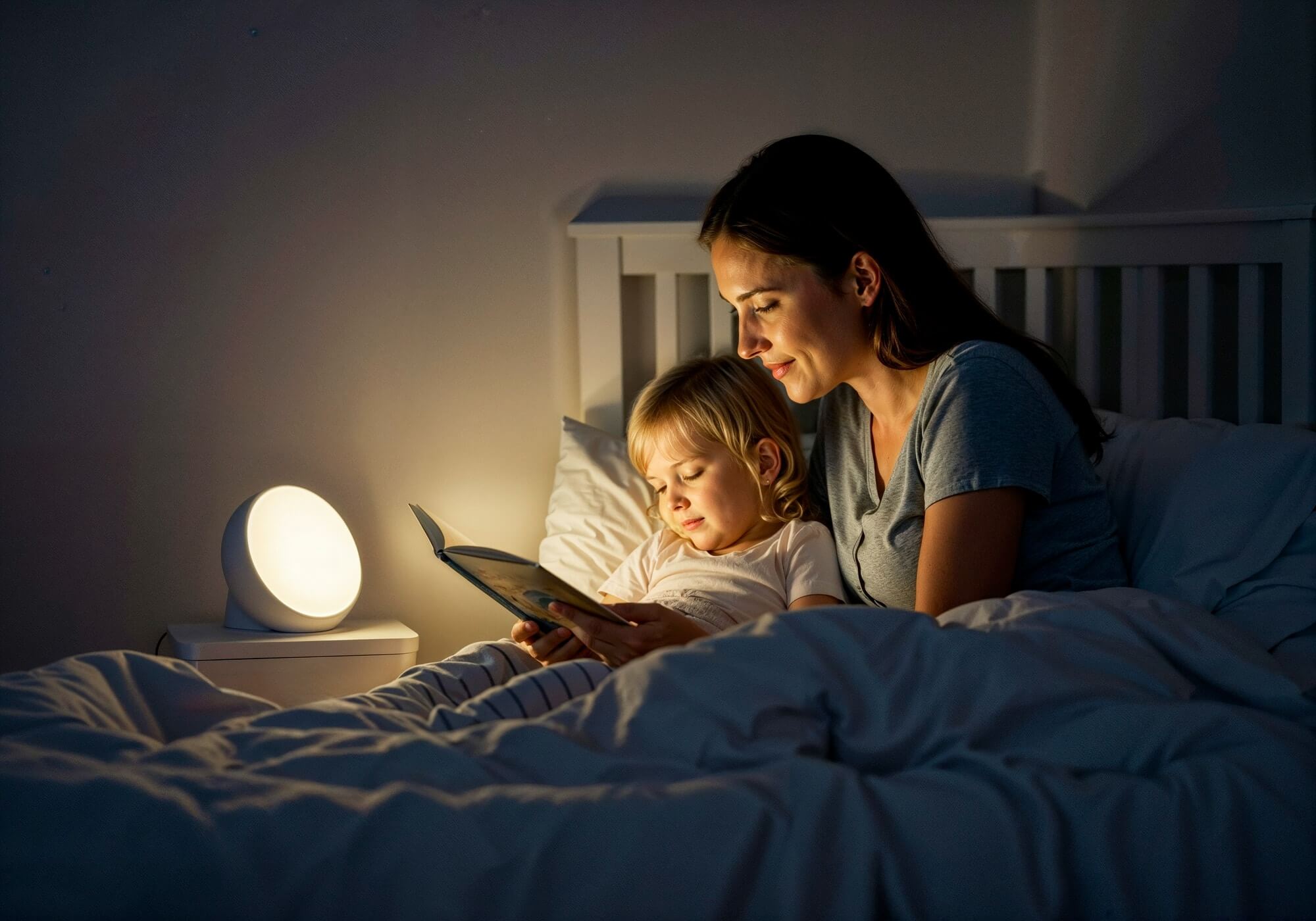 Mother reading bedtime story to child.